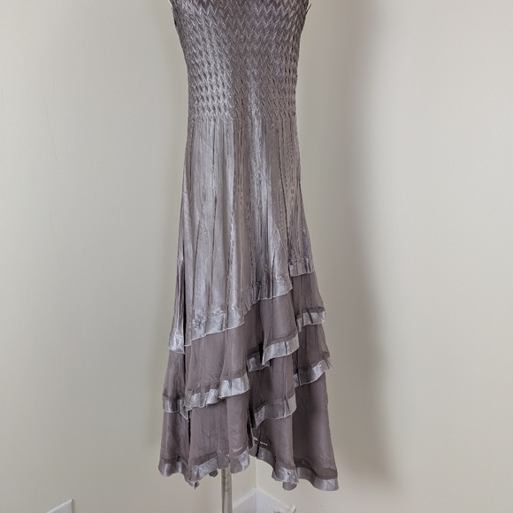 Komarov Charmeuse Dress Luminous Oyster Smoke Ombre Tiered Satin Midi - Picture 7 of 11